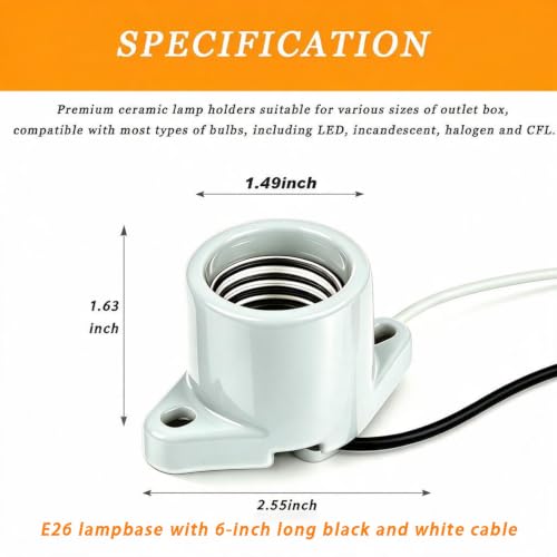 E26 Light Socket Porcelain Lamp Holder Medium Base Keyless Threaded Base with Two Hole Flange Mounting and 6" Wire for Indoor Garage Closet Lighting