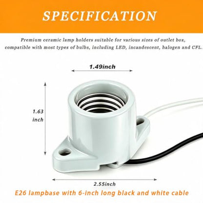 E26 Light Socket Porcelain Lamp Holder Medium Base Keyless Threaded Base with Two Hole Flange Mounting and 6" Wire for Indoor Garage Closet Lighting