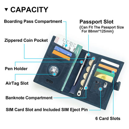 Full Grain Leather Passport Holder Compatible with Airtag RFID Blocking Passport Wallet Travel Slim Passport Cover with SIM Card Removal Tool (Blue / Plain- Snap)