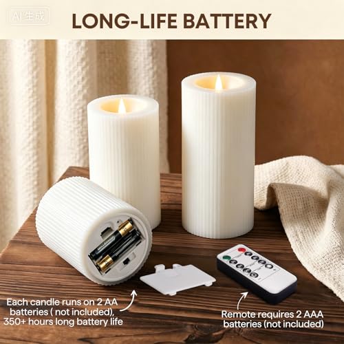 Ribbed Moving Flame Flameless Pillar Candles with Remote Set of 3