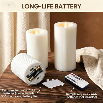 Ribbed Moving Flame Flameless Pillar Candles with Remote Set of 3