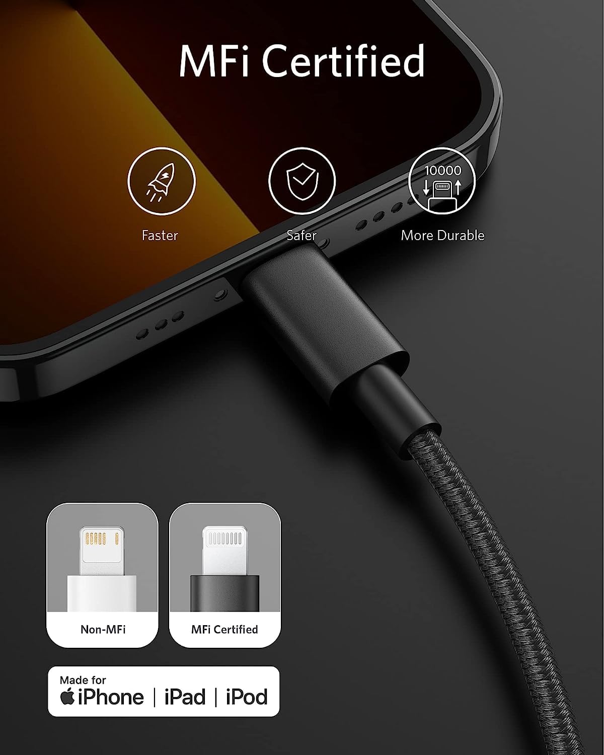New Nylon USB C to Lightning Cable (6FT / Black)