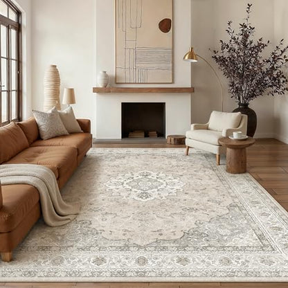 8x10 Washable Area Rug Beige Brown Non Slip Vintage Carpet (Vintage | Beige Brown / 8' x 10' (Rectangular))