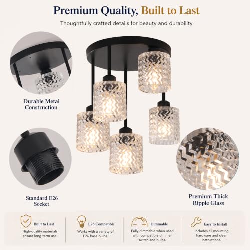 Kitchen Ceiling Light Fixture Black 5 Lights with Clear Glass Shade (5Light-Clear)