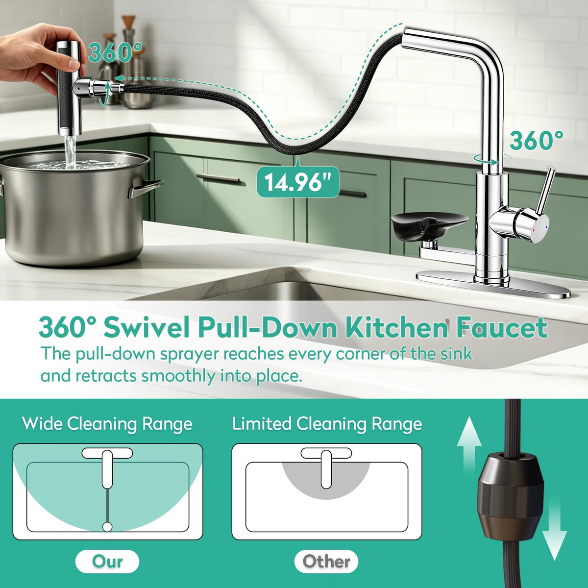 Waterfall Kitchen Faucet with Pull Down Sprayer & Cup Washer Chrome (Chrome)