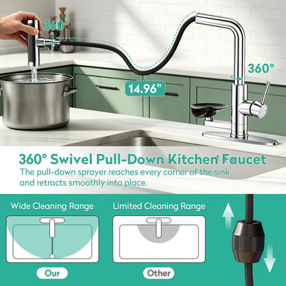 Waterfall Kitchen Faucet with Pull Down Sprayer & Cup Washer Chrome (Chrome)