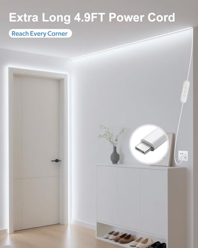 Upgrade LED Light Strip USB C 16.4FT Cold White COB LED Strip Light with IR Remote 6000K Bright White Dimmable Flexible for Mirror Cabinet Living Room Kitchen Ceiling Closet (6000K Cool White / 16.4FT)