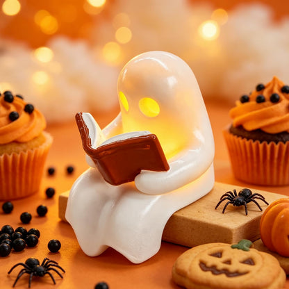 Halloween Ghost Figurine with Lamp Ghost Resin Cute Funny Ghost Reading Book Designs Mini Night Light Statue Halloween Tabletop Ornament Decoration for Gift Home Decor New Year's Gifts (Style 7)