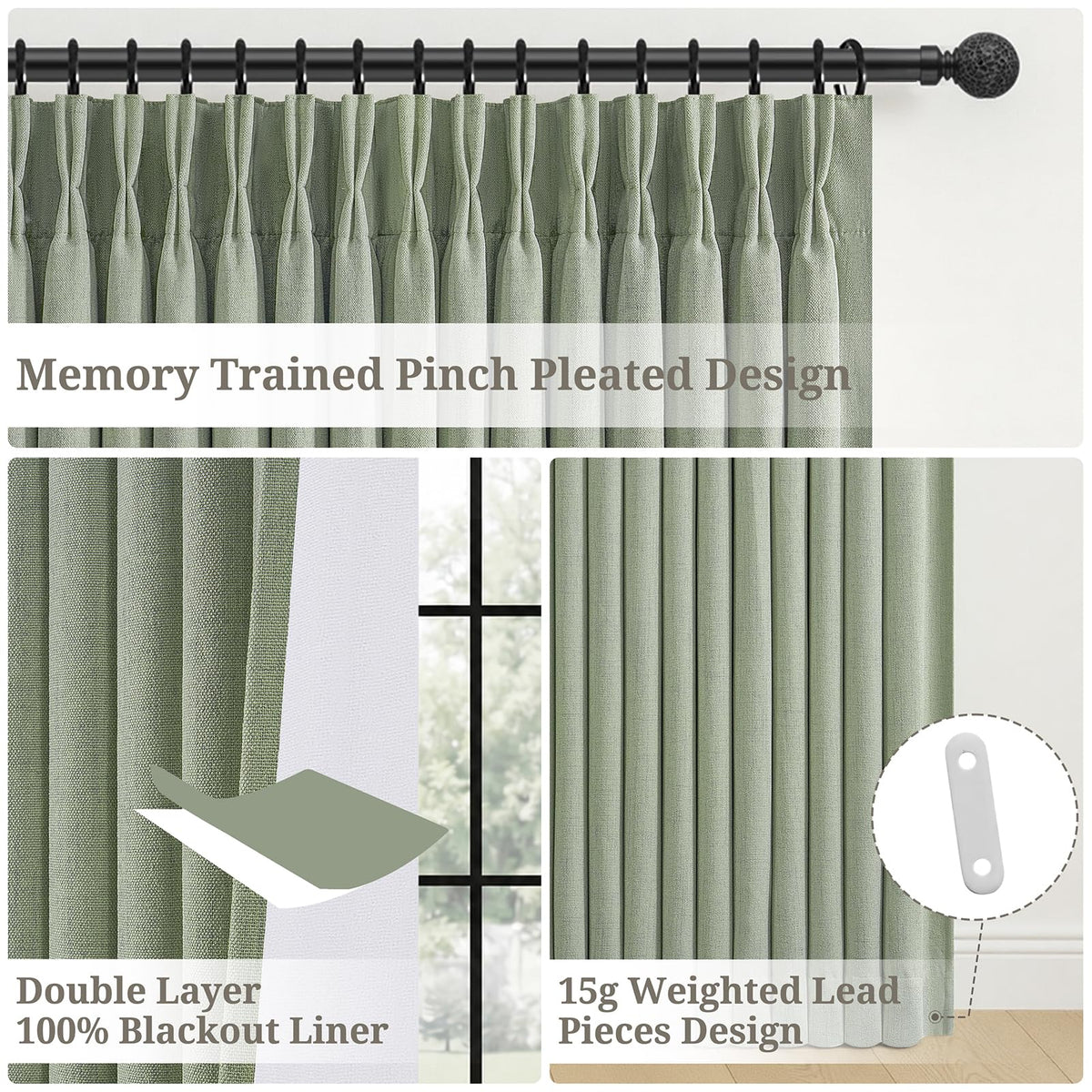 Extra Long 108 Inch Pinch Pleated Blackout Curtains 2 Panels (Sagegreen / 50"W x 108"L (Pack of 2))