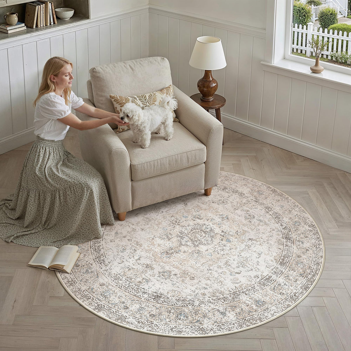4R Washable Round Rug Beige Grey Non Slip Vintage Carpet (Vintage | Beige Multi / 4' (Round))