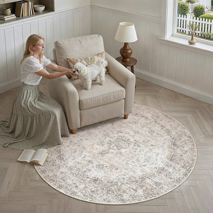4R Washable Round Rug Beige Grey Non Slip Vintage Carpet (Vintage | Beige Multi / 4' (Round))