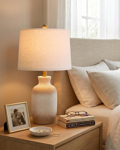24'' Farmhouse Ceramic Table Lamp with Natural Textured Finish (White and Antique)