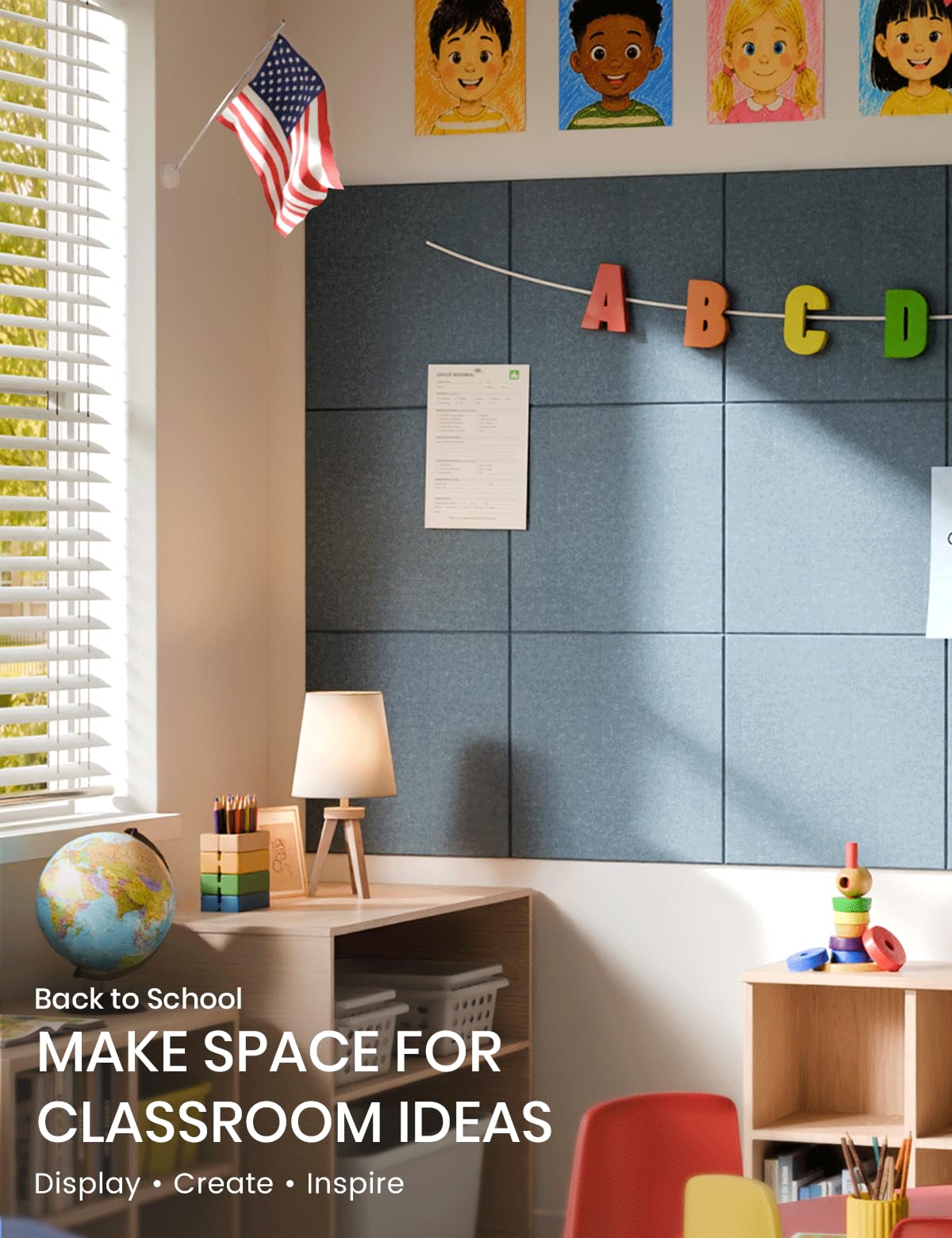 Felt Bulletin Board & Cork Board Alternative 36'' x 24'' (Dusty Blue-1 / Solid tile 12-pack)
