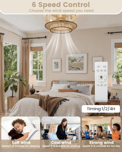 20" Rattan Boho Caged Ceiling Fan with Light Flush Mount and Remote