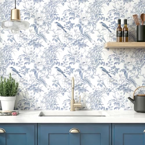 Floral Peel and Stick Wallpaper Blue Floral Bird Contact Paper
