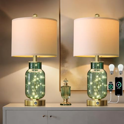 Glass Table Lamps Set of 2 with Nightlight for Bedroom