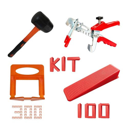 4-in-1 Tile Leveling System Kit, including tile spacers, reusable wedges, heavy-duty pliers, and a non-scratch rubber mallet; suitable for installing all types of tiles and stone