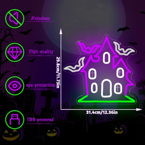 Haunted House with Flying Bat Halloween Neon Sign Dimmable Led Wall Decor (Haunted House)