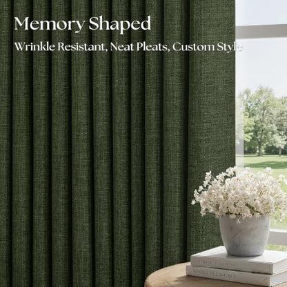 Olive Green Pleated Linen Blackout 96 Inch Curtains for Bedroom Living Room (Loden / 50"W x 96"L (Pack of 2))