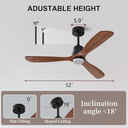 Ceiling Fans with Lights 52IN Outdoor Ceiling Fan with Remote Control Wood Modern Ceiling Fans with Light for Patios Noiseless Reversible DC Motor (Dark walnut / 52IN)