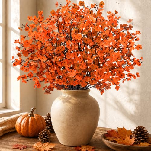 10Pcs Fake Fall Babys Breath Artificial Flowers Decorations for Home (Orange)