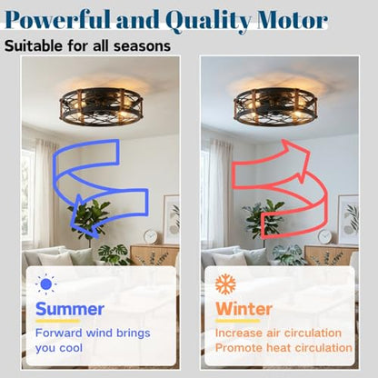 20" Black Farmhouse Caged Ceiling Fan with Light & Remote (Black)