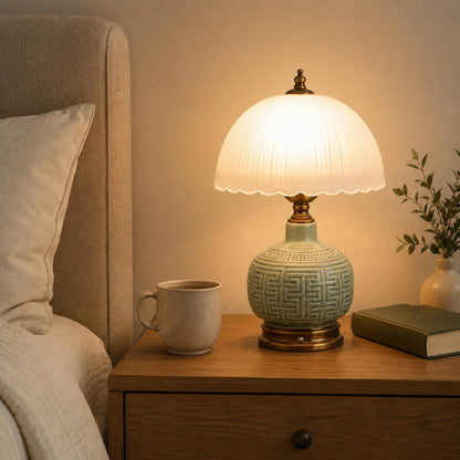 16" Vintage Green Ceramic Table Lamp (Green Ceramic + White Shade（Chinese）)