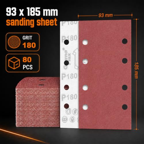 80 PCS 1 3 Sandpaper Sheets 180 Grit 8 Hole (GRIT 180 / 3.6 x 7.3 INCH)