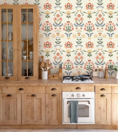 Boho Peel and Stick Wallpaper Vintage Floral Wallpaper (17.3" x 196.8" / Red/Yellow)
