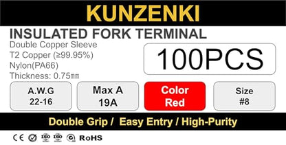 100pcs Nylon PA66 Insulated Fork Terminals (RED(A.W.G22-16) / #8(M4))