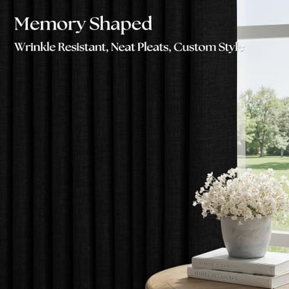 Modern Black Pleated Linen Blackout Curtains 90 Inches Long for Living Room (Black / 50"W x 90"L (Pack of 2))