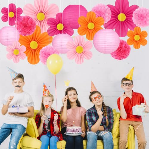 Pink and Orange Party Decorations 19 Pcs Set Including Hanging Paper Lanterns (Pink and Orange)