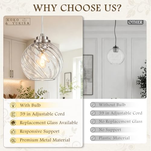 6" Nickel Globe Pendant Light 2 Pack Ribbed Glass Pendant Lights Kitchen Island Height Adjustable Mid (Nickel & Fluted Glass / 6 Inch)