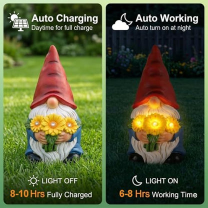 Solar Garden Gnome Statue with Lighted Sunflower Bouquet for Outdoor Decor