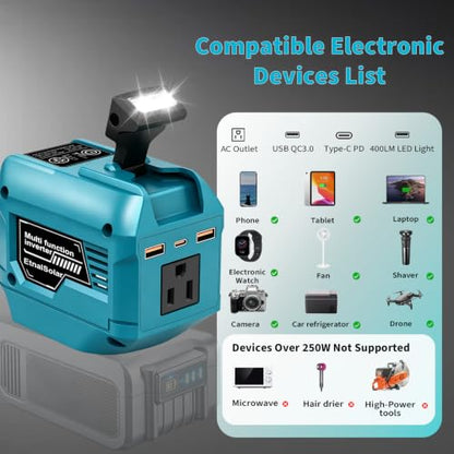 250W Power Inverter Compatible with 18V Battery