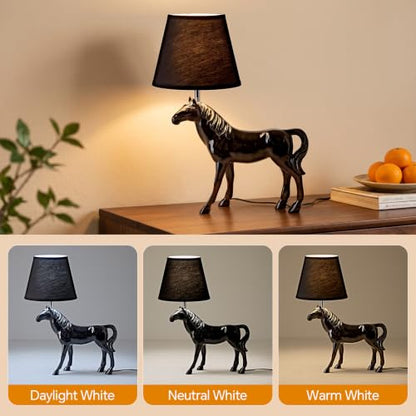 22" Tall Resin Horse Lamp 3 Color Adjustable Desk Lamp Horse Statue with Fabric Shade for Bedside Bedroom Nightstand Study Room