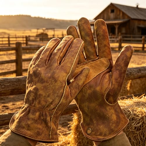 Premium Brown Retro Cowhide Leather Work Gloves Tie
