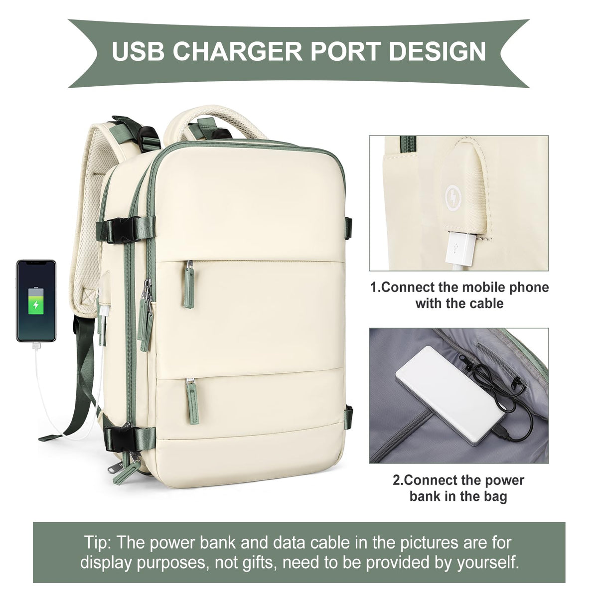 Large Travel Backpack for Women Men (White Green / 30 liters)