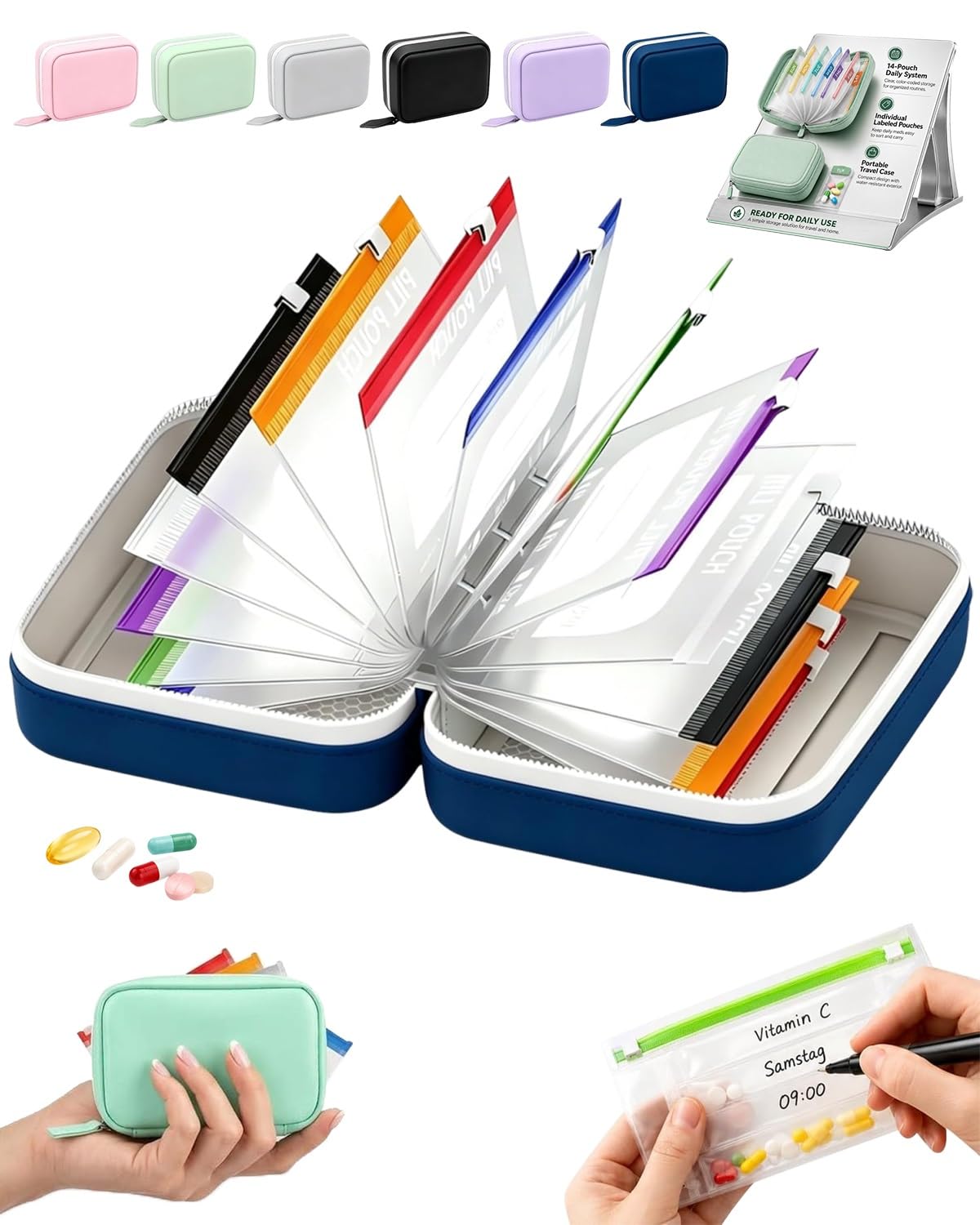 Waterproof Pill Organizer Pill Pouches for Travel 14 PCS Zippered Bags (Blue)