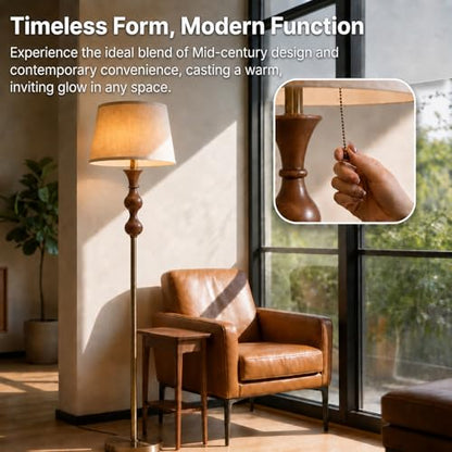Wood & Brushed Floor Lamp with Pull Chain Switch & Remote Control