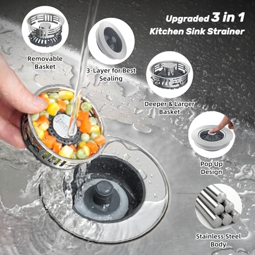 2 Pack 3 in 1 Kitchen Sink Drain Strainer (Brushed Stainless Steel)