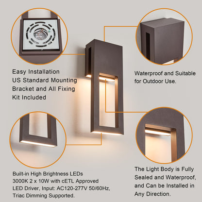 2 Pack Dimmable Indoor Outdoor Wall Sconces 15 Inch Waterproof (2Pack Textured Bronze(without Photocell))