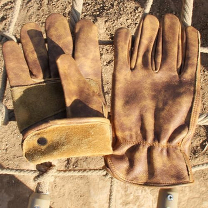 Premium Brown Retro Cowhide Leather Work Gloves Tie