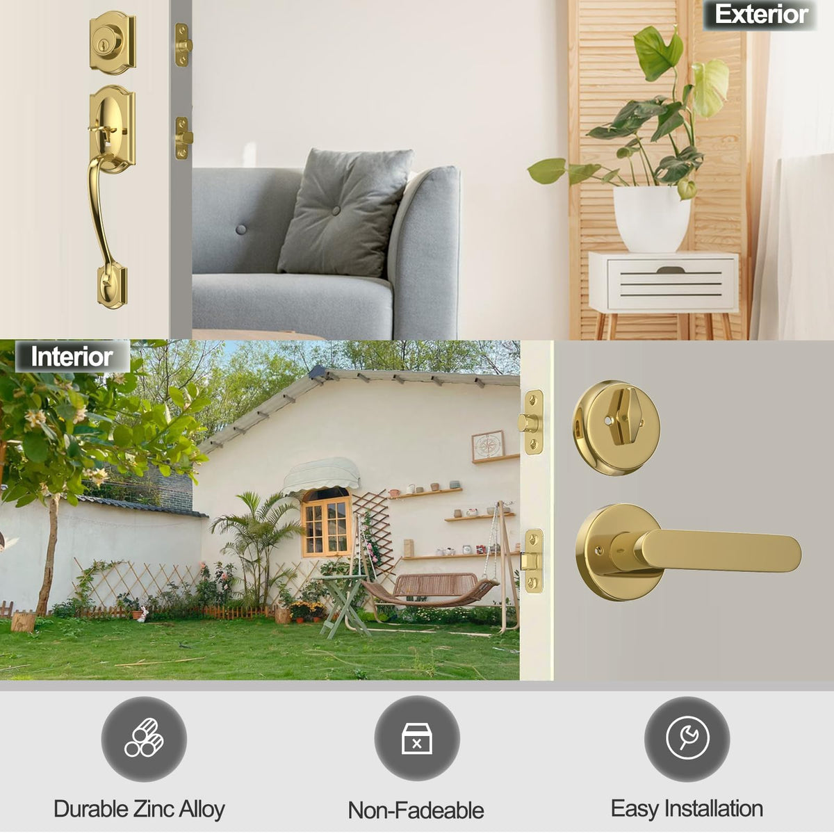 Front Door Handle and Deadbolt Set (Polished Brass)