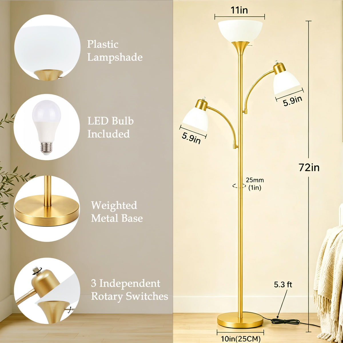 3 Head Torchiere Floor Lamps with 2 Reading Lamp for Living Room (Gold)
