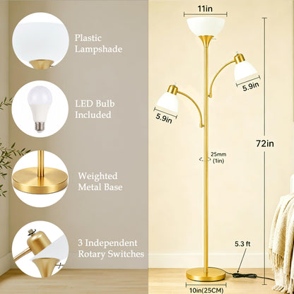 3 Head Torchiere Floor Lamps with 2 Reading Lamp for Living Room (Gold)