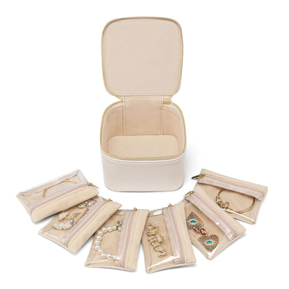 Jewelry Travel Case with 6 Clear Velvet Zipper Pouches (B.6 PCS White)