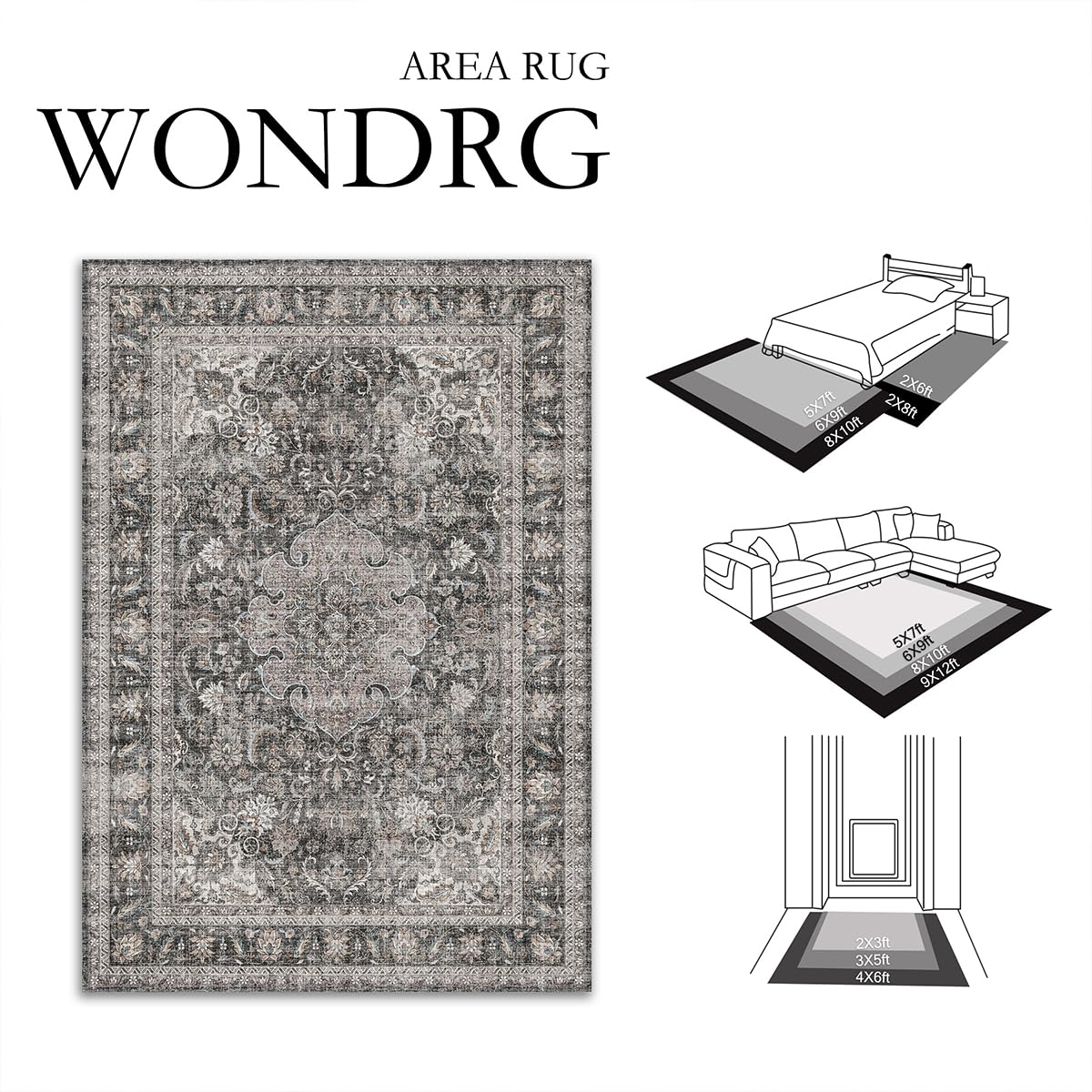 9x12 Washable Area Rug Black Grey Vintage Rug for Living Room (Black/Grey / 9' x 12' (Rectangular))