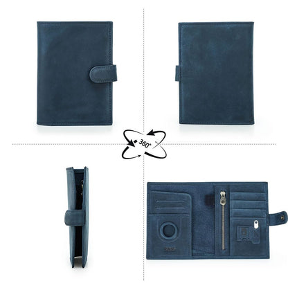 Full Grain Leather Passport Holder Compatible with Airtag RFID Blocking Passport Wallet Travel Slim Passport Cover with SIM Card Removal Tool (Blue / Plain- Snap)