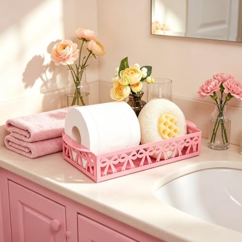 Pink Bow Bathroom Decor Toilet Paper Holder Cute Metal Toilet Tank Top Paper Basket with Handle